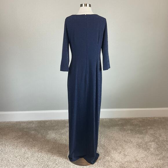 Adrianna Papell Long Sleeved Evening Gown Blue Metallic Size 8 Thigh Slit Formal - Picture 6 of 13